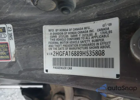 2009 Honda Civic Ex z USA, uszkodzony, nr VIN 2HGFA16889H535808